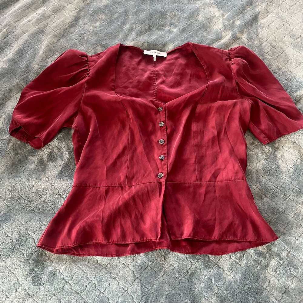 Frame Denim Burgundy Puff Sleeve Button-Front Blouse